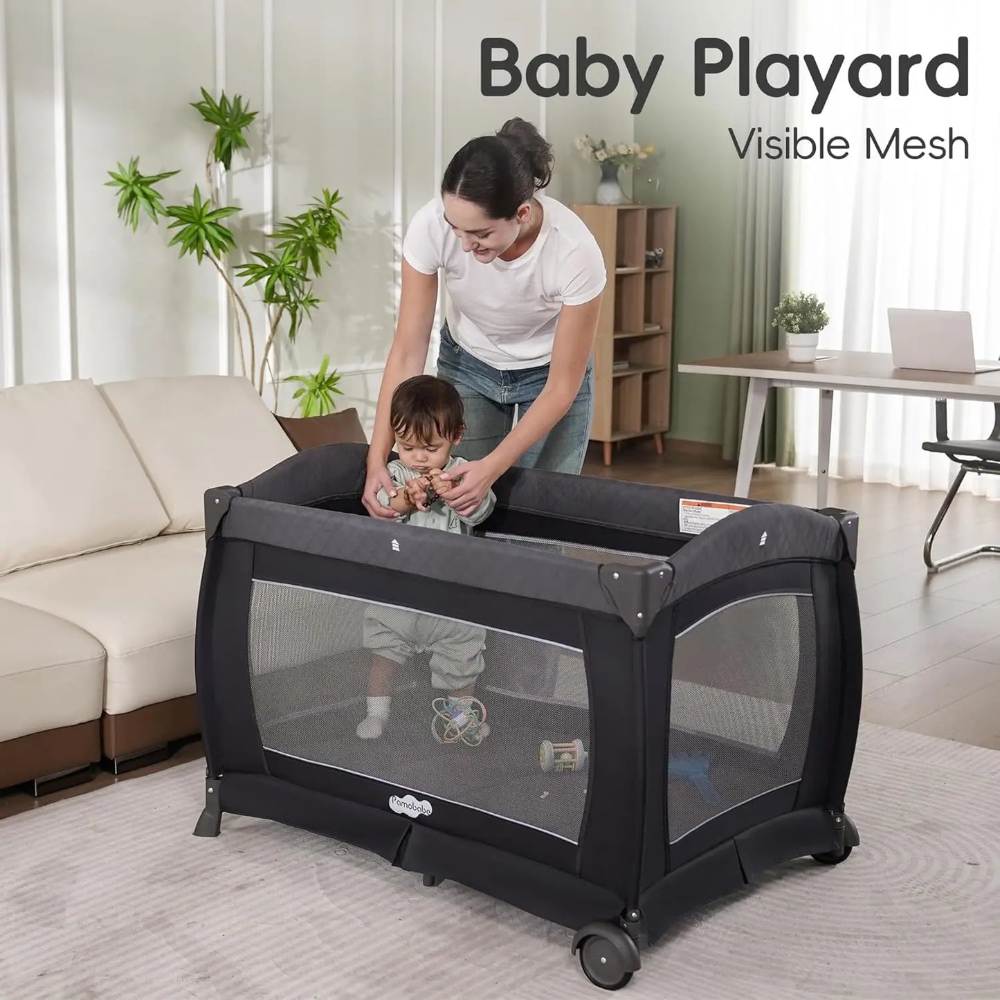 Playard Portable Playard Foldable Playpen for Baby and Toddler Portable Crib Mattress Diaper Changer for Newborn (Grey)