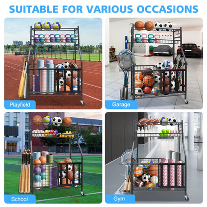 Garage Sports Equipment Organizer, Large Capacity Ball Storage Rack, Rolling Ball Cart with Wheels for Indoor & Outdoor