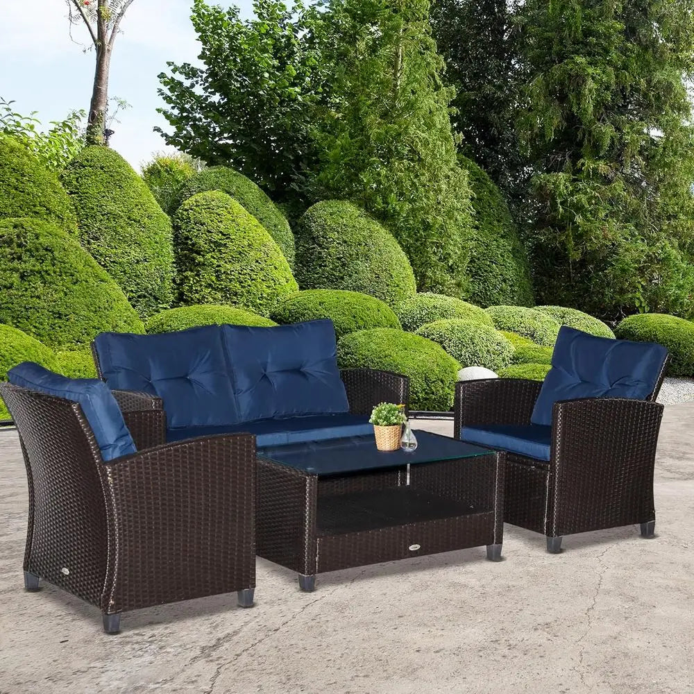 Blue 4-Piece Outdoor Patio Furniture Set with Cushions, PE Rattan Wicker, Ideal for Garden, Poolside, Deck