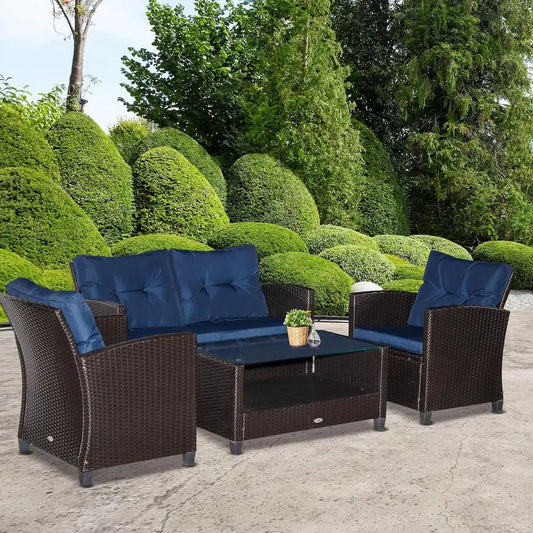 Blue 4-Piece Outdoor Patio Furniture Set with Cushions, PE Rattan Wicker, Ideal for Garden, Poolside, Deck