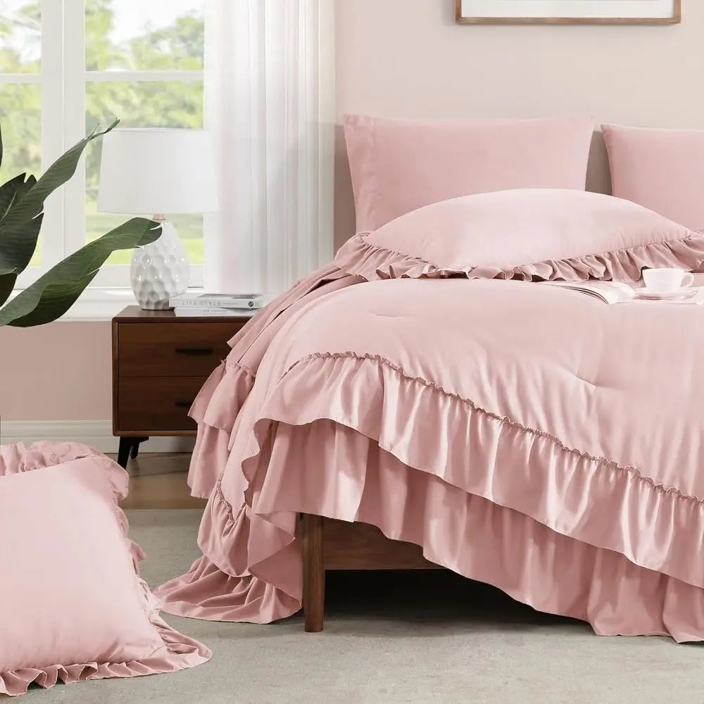 Comforter Set Soft Pink, Shabby Chic Bedding 7-Piece, All Season Bed in a Bag with Sheets, Pillowcases & Shams