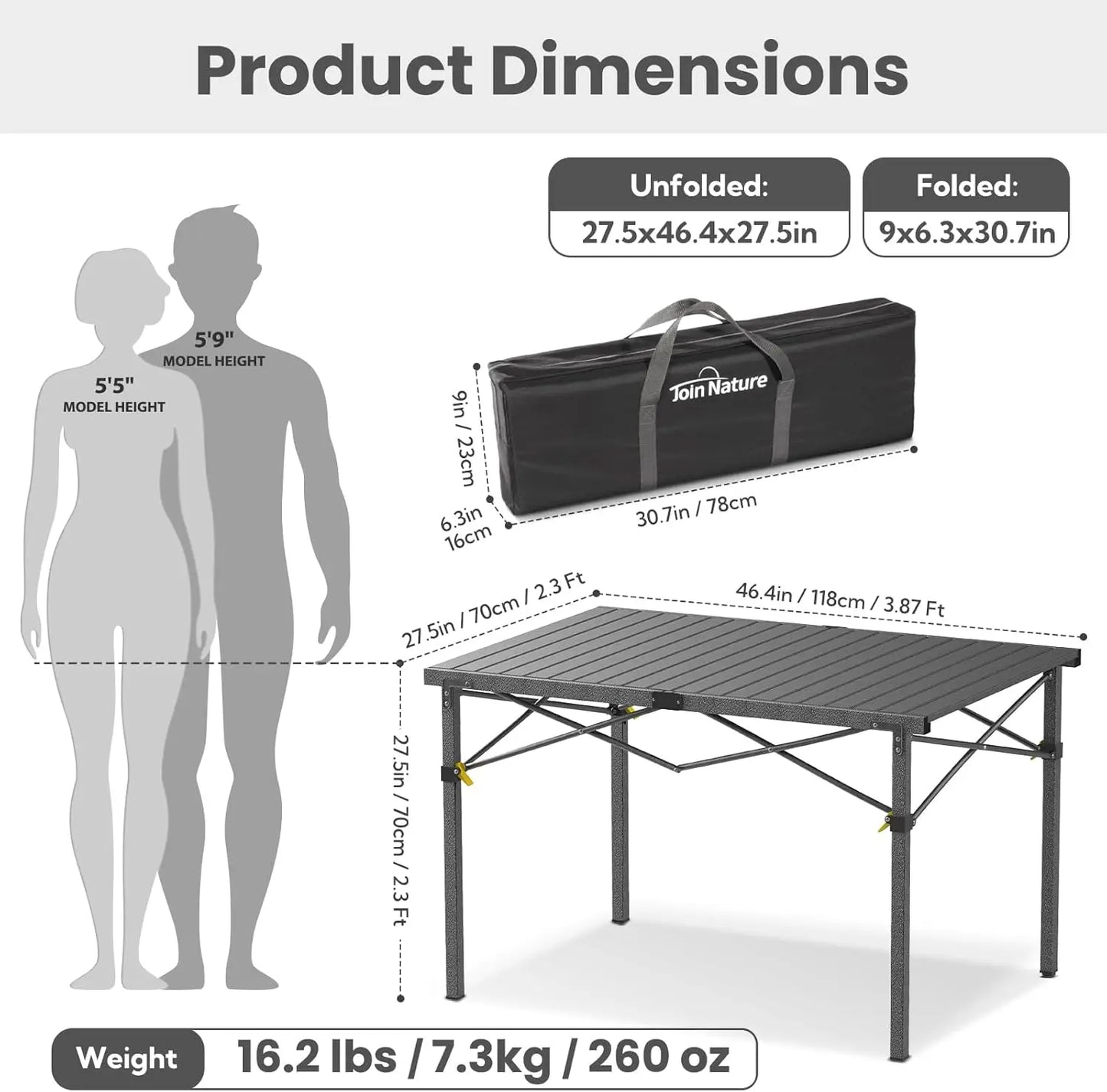 Portable Foldable Camp Table for 2-6 People, Aluminum Roll-Up Top, 220 Lbs Capacity, Black