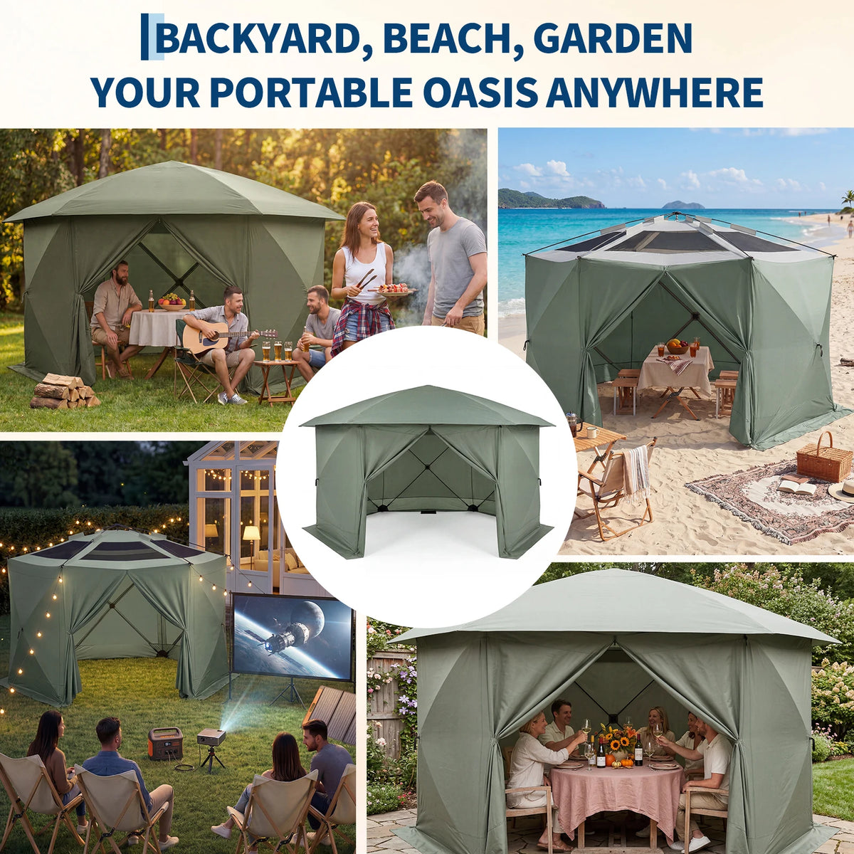 Starry Sky Shed Outdoor Tent with Eaves Hexagonal 13x13FT with 6-sided Screen Khaki/Green 210D Oxford Cloth Large Folding Canopy Screen Tent Ind Cloth, Bite-Proof Mesh, Carry Bag, Easy Setup Outdoor Shelter for Patio, Backyar