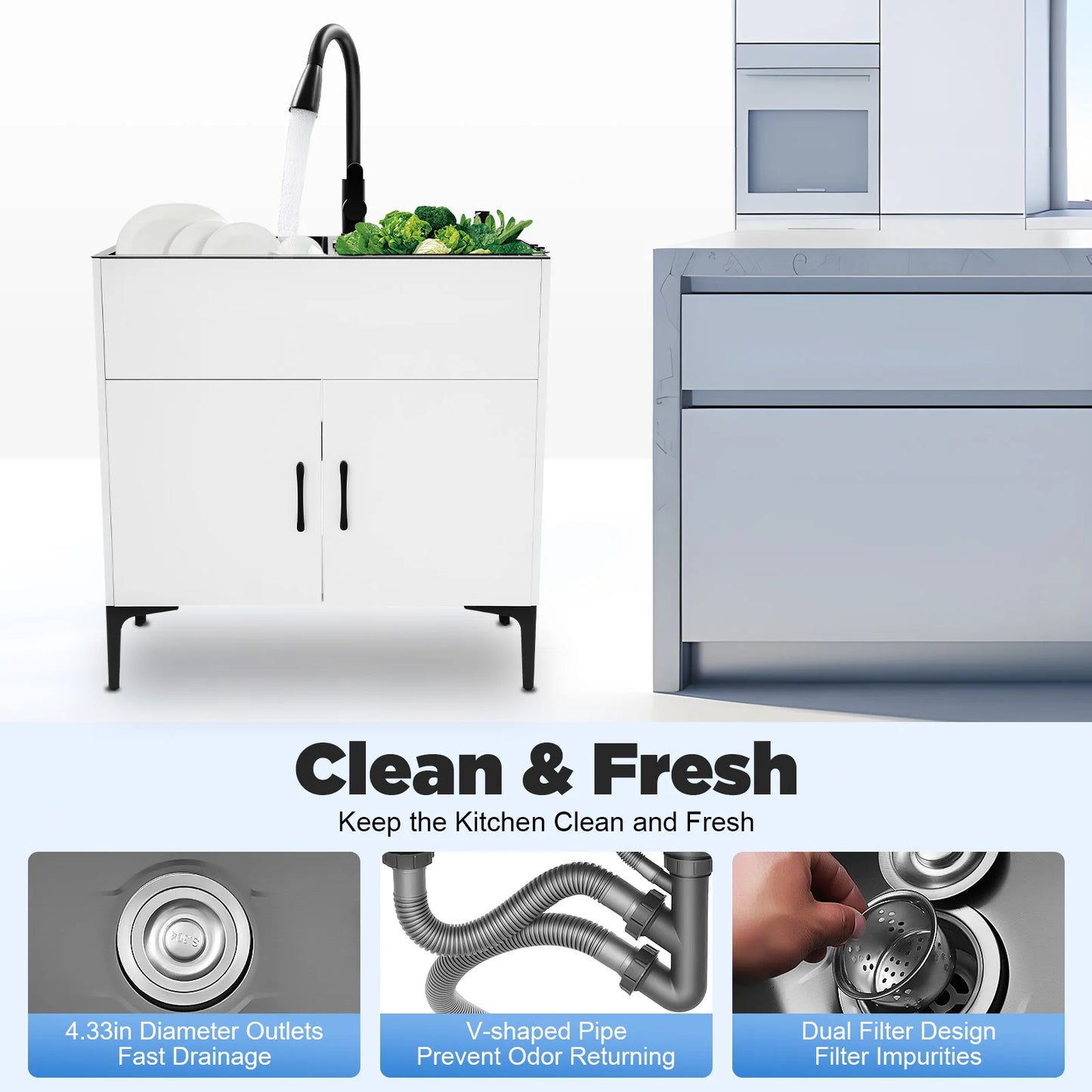 Pull Out Faucet Kitchen Sink, 30" Freestanding Stainless Steel Double Basin with Cabinet, Soap Dispenser & Drain Basket, for Ho