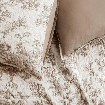 Floral Cotton Quilt King Size Stitch Bedding Set, Taupe Lightweight Comforter Cabin Blanket Farmhouse Bedspread with Pillow Sham
