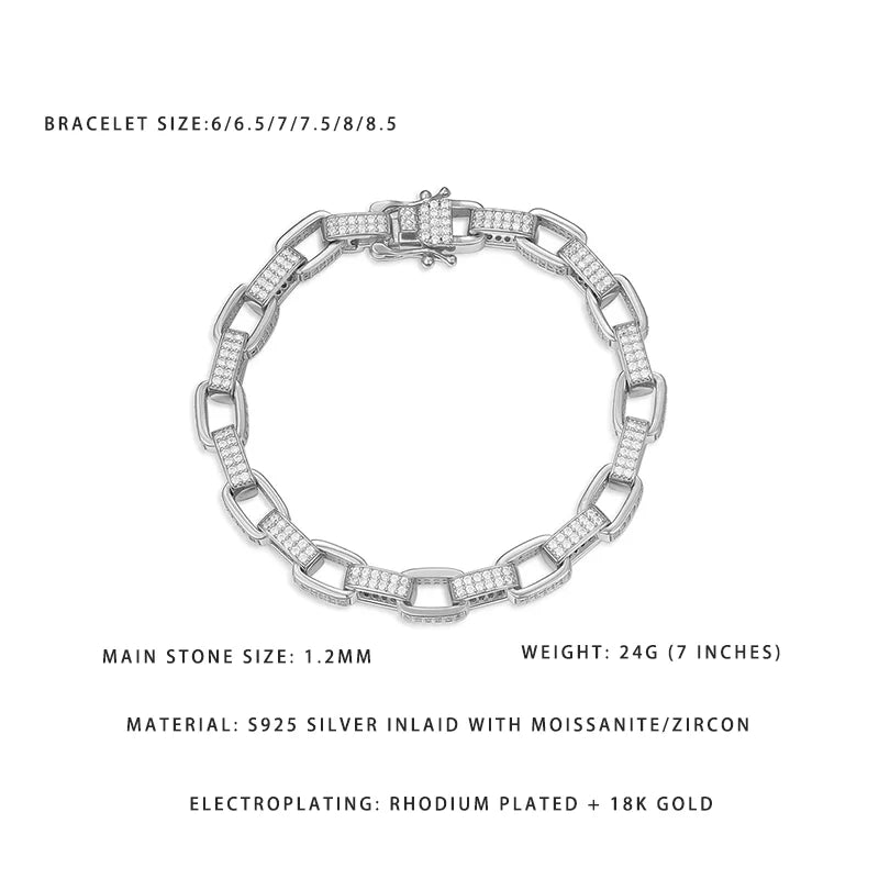 Link Chain Bracelet S925 Silver 1.2MM Moissanite Zircon 6-8.5 Adjustable Sizes