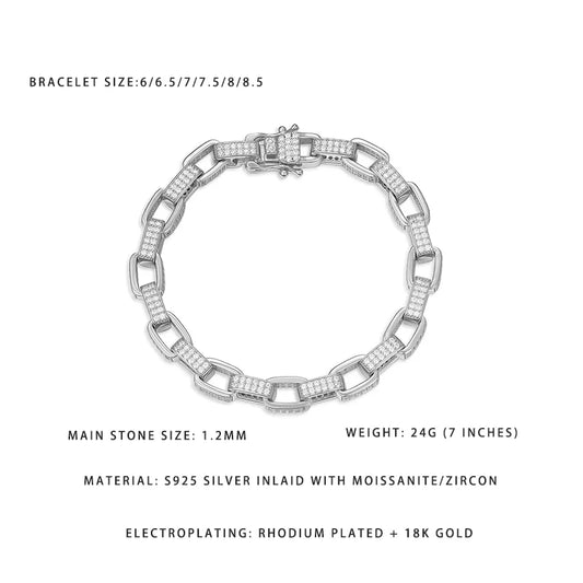 Link Chain Bracelet S925 Silver 1.2MM Moissanite Zircon 6-8.5 Adjustable Sizes