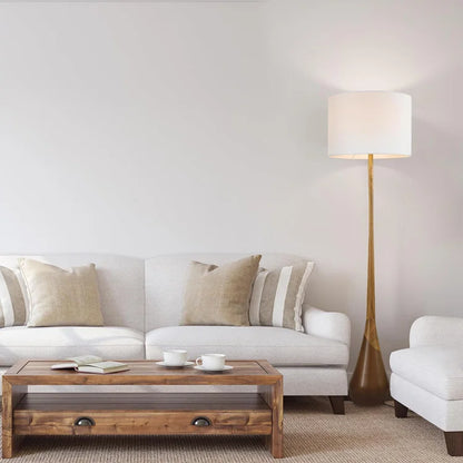 Novogratz x Globe Harrington 65" Floor Lamp, 2-Tone Faux Wood Base, White Fabric Shade, Socket Rotary Switch 6722