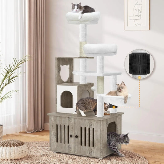 2-in-1 Cat Tree with Hidden Litter Box, Modern Cat Condo Tower with Wood House, Perch, Food Station, Hammocks, Scratch Post
