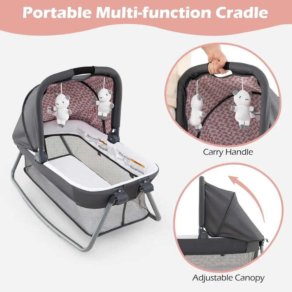 Portable Baby Playard with Bassinet, Changer, Mattress, Storage, and Toys in Pink