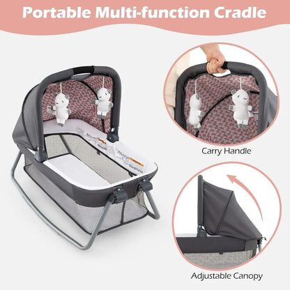 Portable Baby Playard with Bassinet, Changer, Mattress, Storage, and Toys in Pink