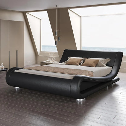 Queen Size Bed Frame with Faux Leather Ergonomics Headboard, No Box Spring Needed & Easy Assembly, Queen Size Bed Frame