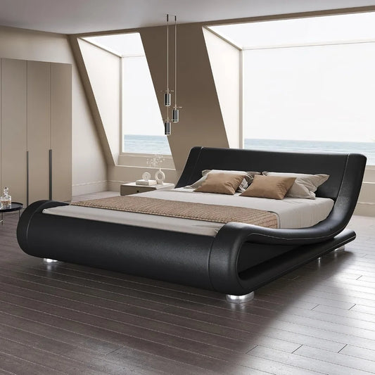 Queen Size Bed Frame with Faux Leather Ergonomics Headboard, No Box Spring Needed & Easy Assembly, Queen Size Bed Frame
