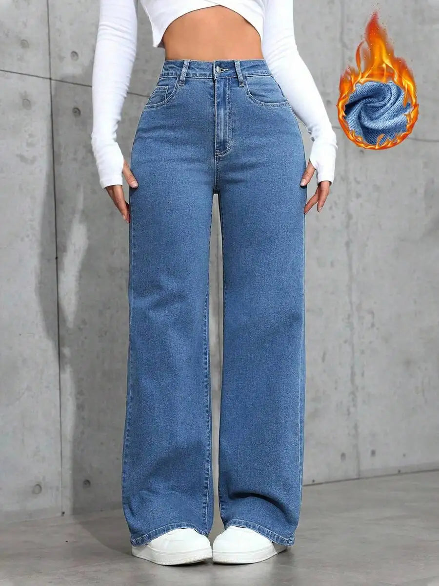 High Waist Wide Leg Washed Denim Jeans for Women - Casual Streetwear Style