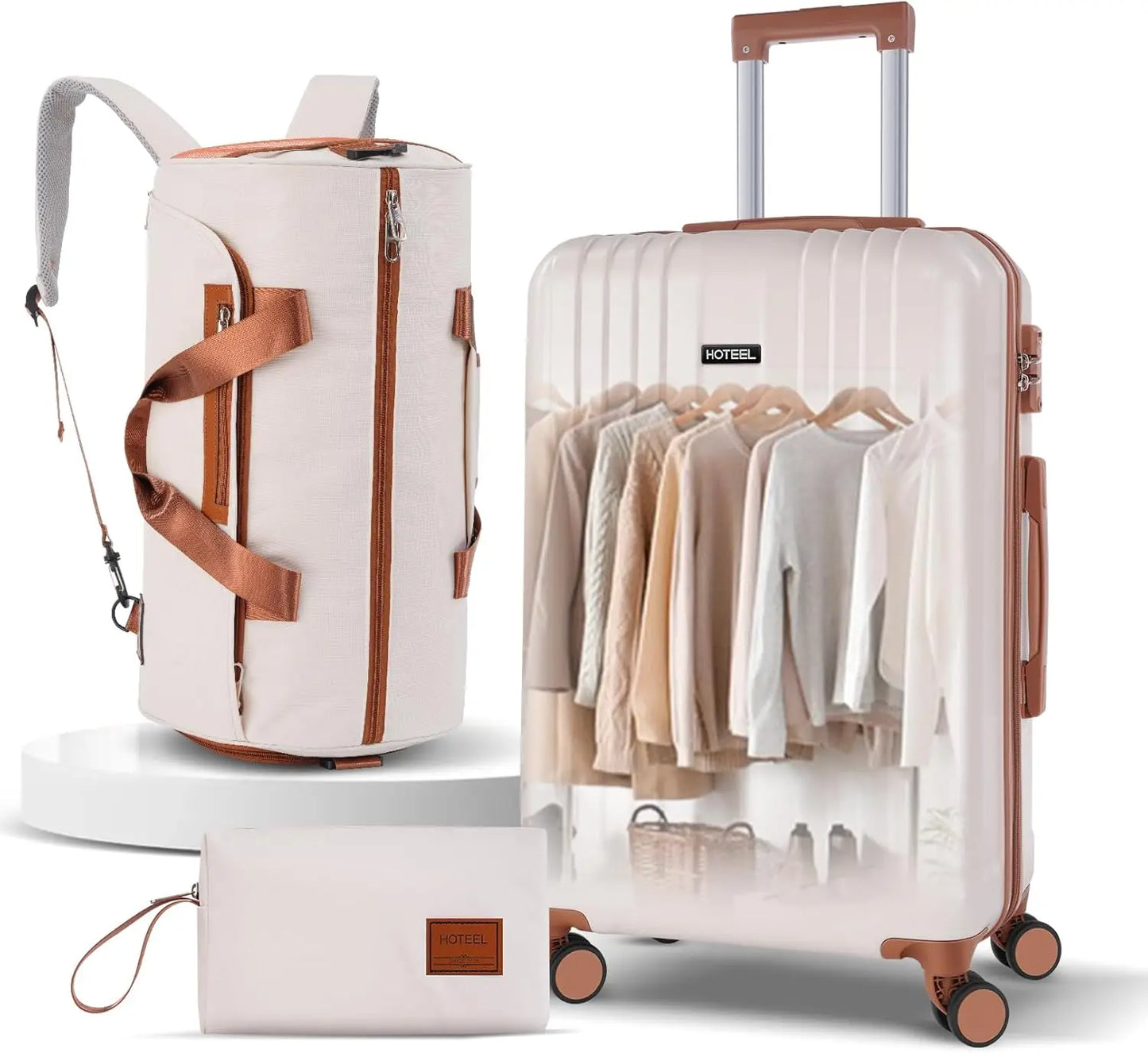 3-Piece Carry-On Luggage Set with Spinner Wheels & TSA Lock, Lightweight ABS+PC Hard Shell (20in, Beige) - 4-Year Warranty