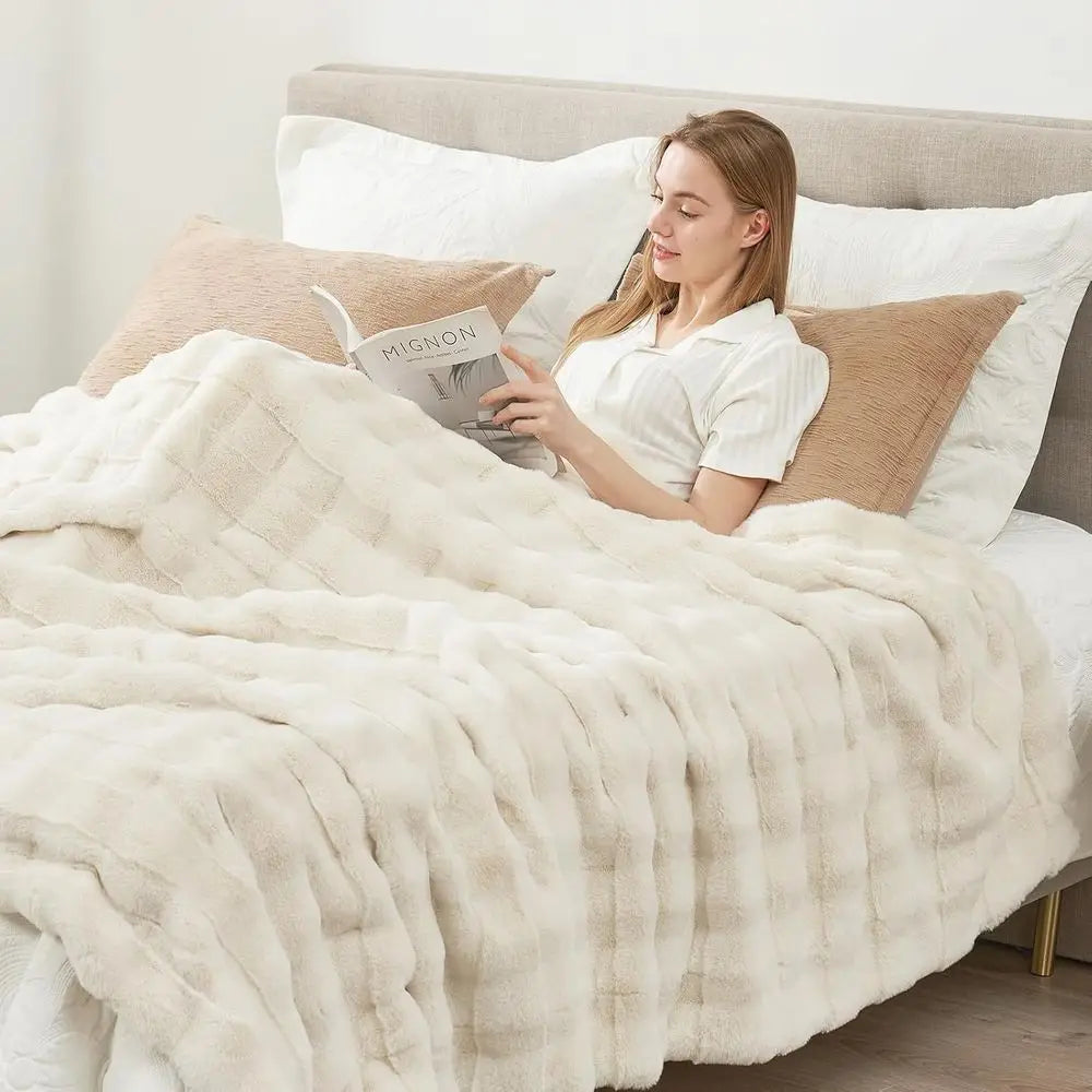 Faux Fur Blanket Queen Size for Bed, Soft Striped Plush Blanket, Thick Throw for Bedroom Couch Gift, 90x90 Inches Cream White