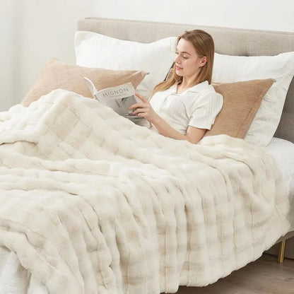Faux Fur Blanket Queen Size for Bed, Soft Striped Plush Blanket, Thick Throw for Bedroom Couch Gift, 90x90 Inches Cream White