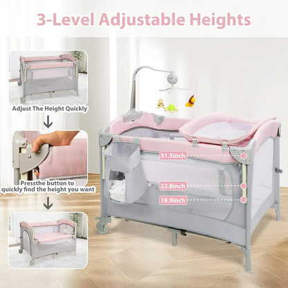 5-in-1 Pink Baby Bassinet Bedside Crib, Foldable Playard with Travel Bag for Infant Newborn