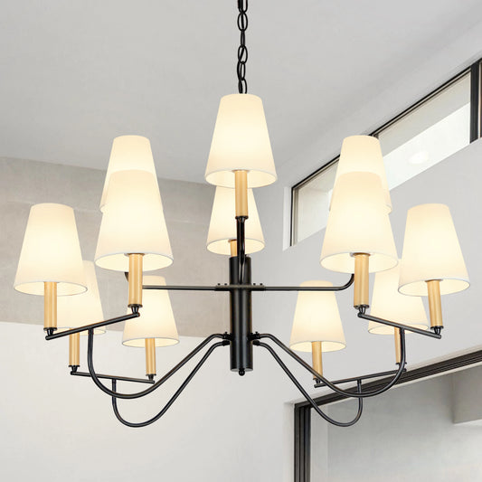 12-Light Modern Black Metal Antique Chandelier With Fabric Lampshade Height Adjustable E12 Living Room Bedroom Kitchen Foyer