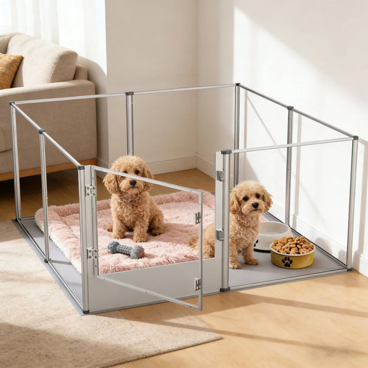Clear Acrylic Dog Playpen Indoor Pet Pen Exercise Fence for Puppy Bunny Cat Pig with Waterproof Fertility Pad(No light)
