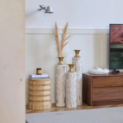 Set of 3 White & Gold Metal Vases - Stylish Floor Decoration, 24in/28.7in/33.5in Tall for Elegant Home Décor