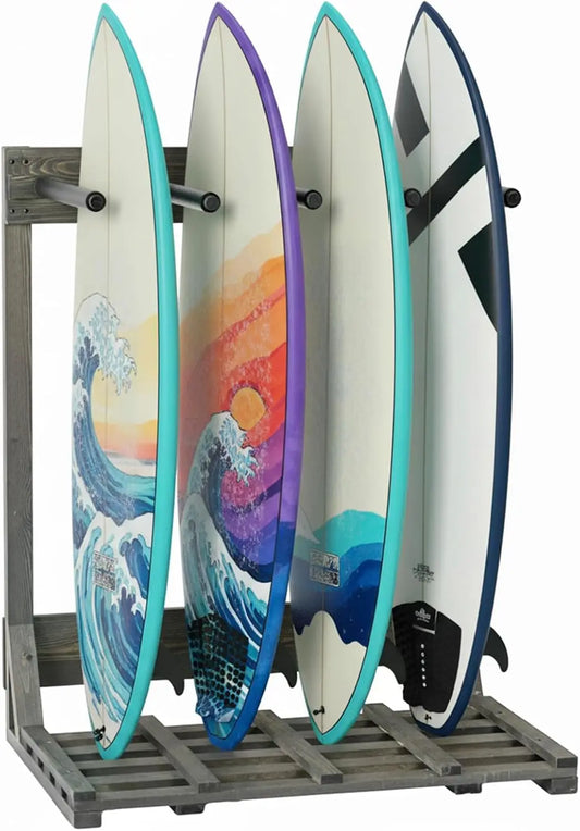 4-Ft Tall Rustic Burnt Wood Freestanding Vertical Surfboard Rack, Wakeboard SUP Paddleboard Storage Organizer - Holds up to 4 Boards