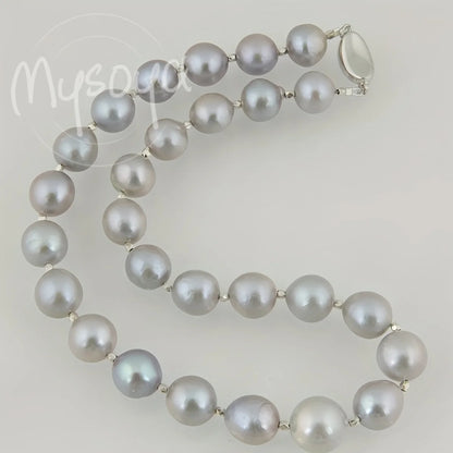 MYSOYA 10-12mm Classic Large Natural Gray Freshwater Pearl Necklace With Gift Box Birthday Wedding Christmas Valentines Day Gift