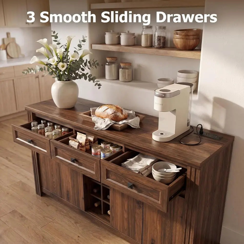 Buet Sideboard with Storage, 55" Large Kitchen Storage Cabinet with 4 Do, Wine Rack & Glass Holder, armhouse Wood Coee Bar Buet