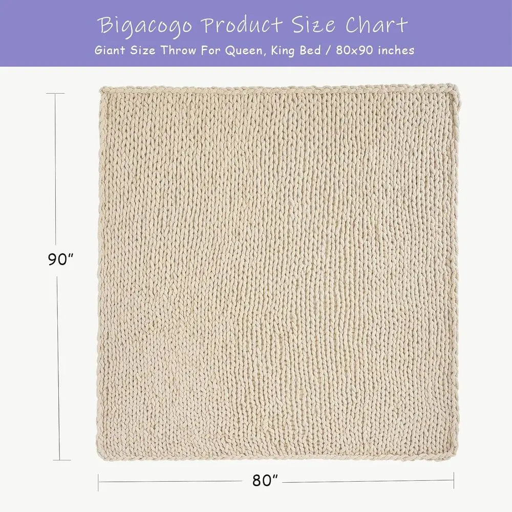 Chunky Knit Throw Blanket for Couch, 80x90 inches, 100% Hand Knitted with Thick Jumbo Chenille Yarn, Cozy Soft Large Rope Knot C