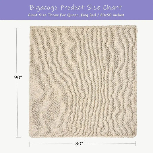 Chunky Knit Throw Blanket for Couch, 80x90 inches, 100% Hand Knitted with Thick Jumbo Chenille Yarn, Cozy Soft Large Rope Knot C