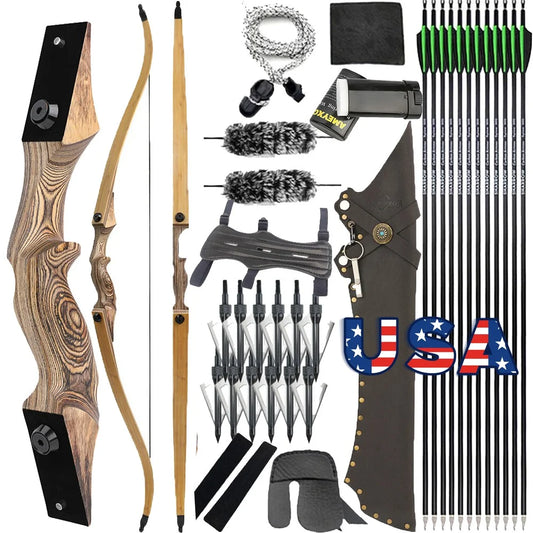 60" Takedown Hunting Recurve Bow Set30/45/60lbs Wooden Frame Stable Bamboo Core Limbs All-in-One Arrow Kit Right Hand Adult Archery Gear for Recreational Shooting Competition Training & Outdoor Small Game Hunting