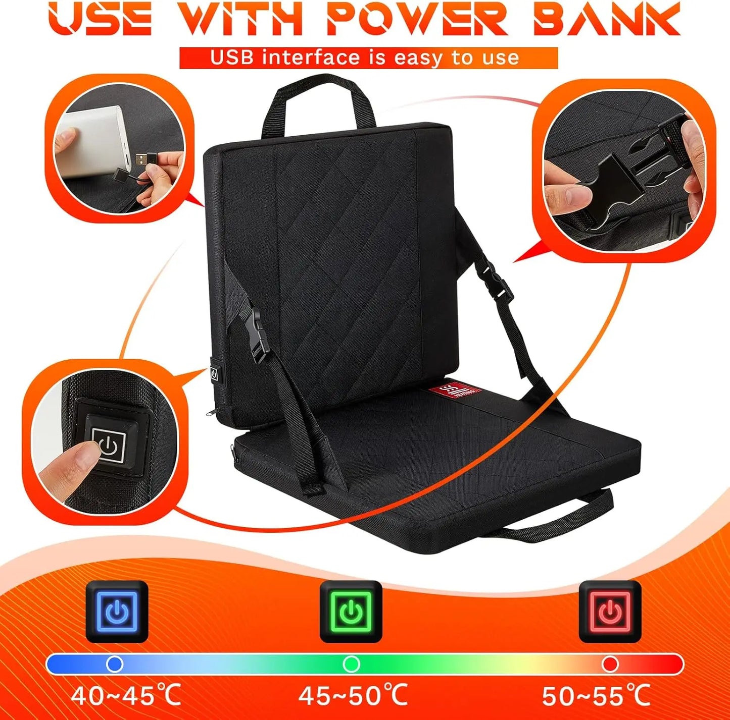 2 Pieces Heated Folding Chair Cushion, USB Electric Heating for Boat, Camping, Hiking, Fishing