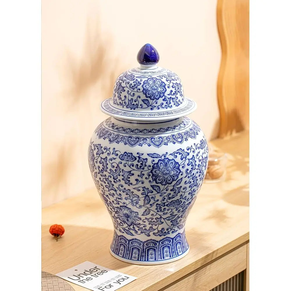 15 Blue & White Porcelain Ginger Jar - Decorative Chinoiserie Vase for Home, Office, Flowers