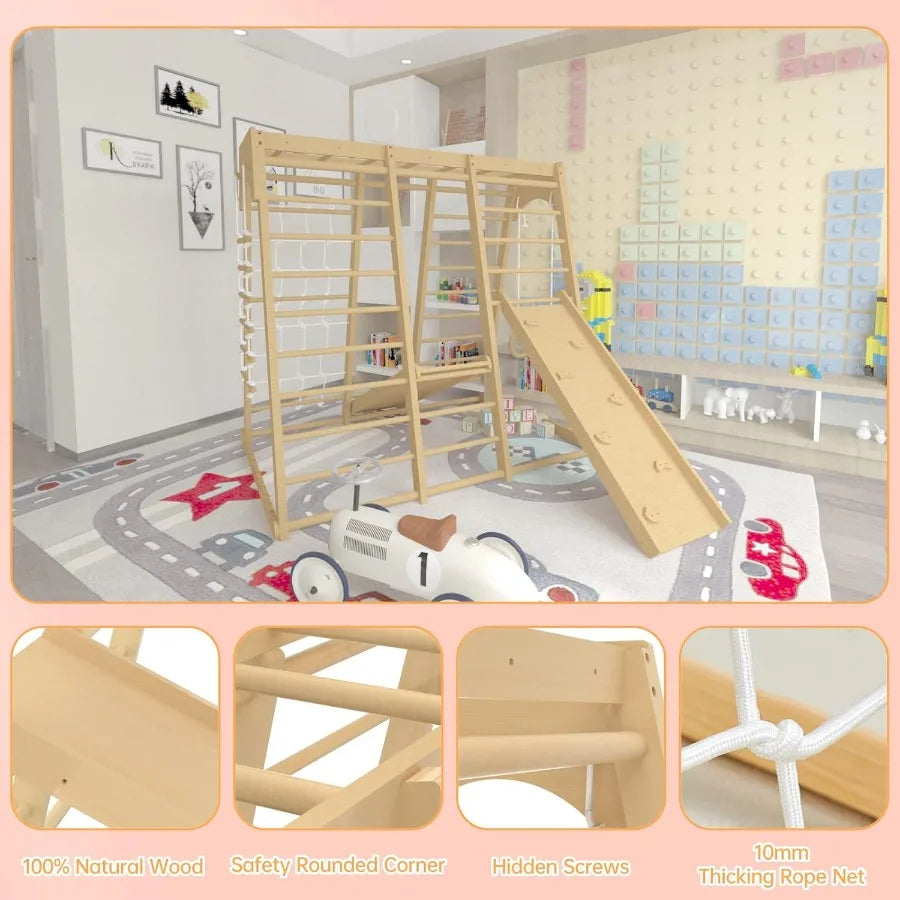Toddler Jungle Gym 66" Indoor Playground Set with Swing Rock Climb Wall Slide Monkey Bars Wood and Rope Ladder Rope Wall Ladder