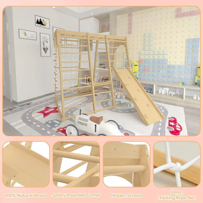 Toddler Jungle Gym 66" Indoor Playground Set with Swing Rock Climb Wall Slide Monkey Bars Wood and Rope Ladder Rope Wall Ladder