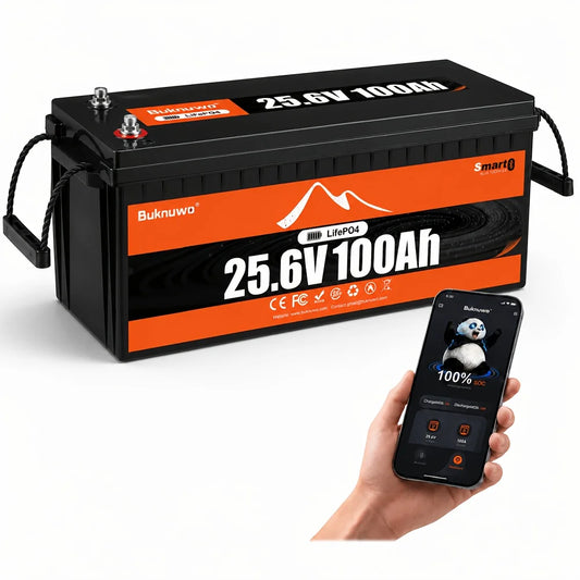Buknuwo 24V/25.6 100Ah M8 Smart LiFePO4 Lithium Battery With Bluetooth, 2560Wh Power Energy Built-in 100A BMS Low Temperature Protection Capable Of Over 4000 Deep Cycles Support Parallel Battery For Trolling Motor, Marine, RV