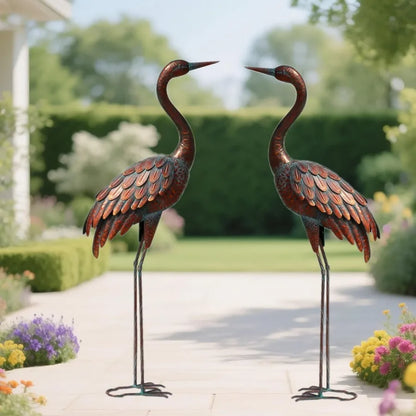 2PCS Garden Crane Statues Outdoor Sculptures Metal Yard Art Statue for Garden Decoration Large Size Set of 2