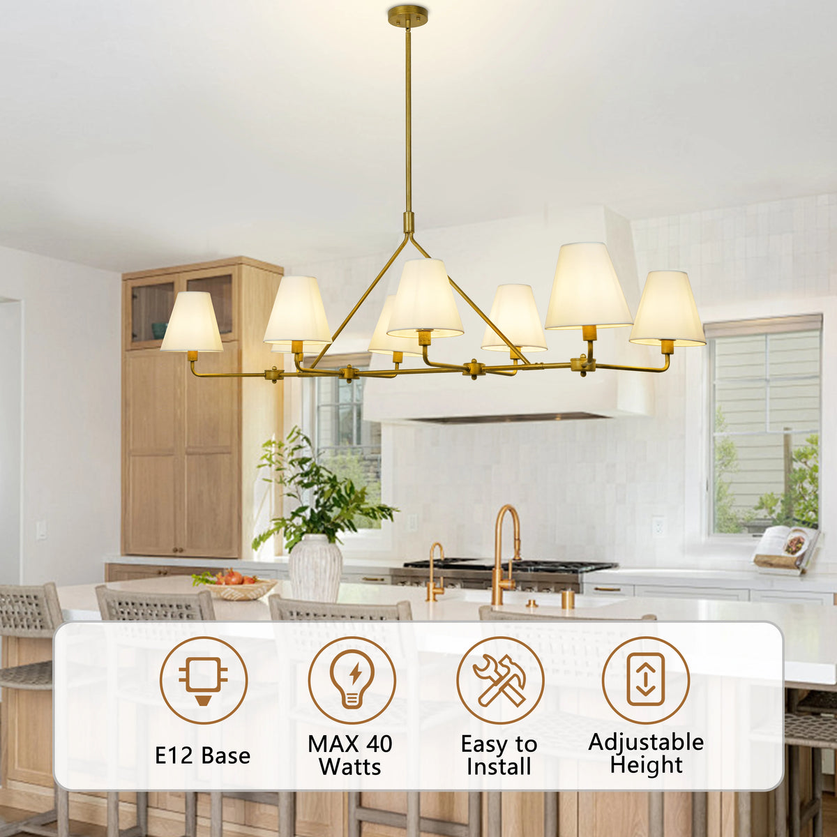 Gold Light Fixture Dining Room Chandelier with Shades Lighting Over Kitchen Table Modern Farmhouse Chandelier 8-Light