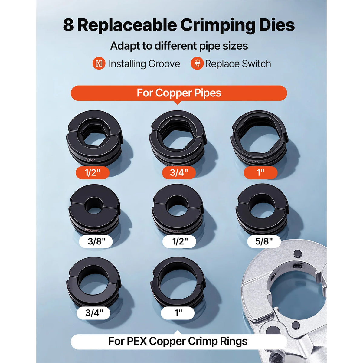 SucceBuy Copper Pipe Crimping Tool Driven Pro Press Tool with 1/2" 3/4" 1" Jaws for Copper Tube & 3/8" 1/2", 5/8" 3/4" 1" Jaws