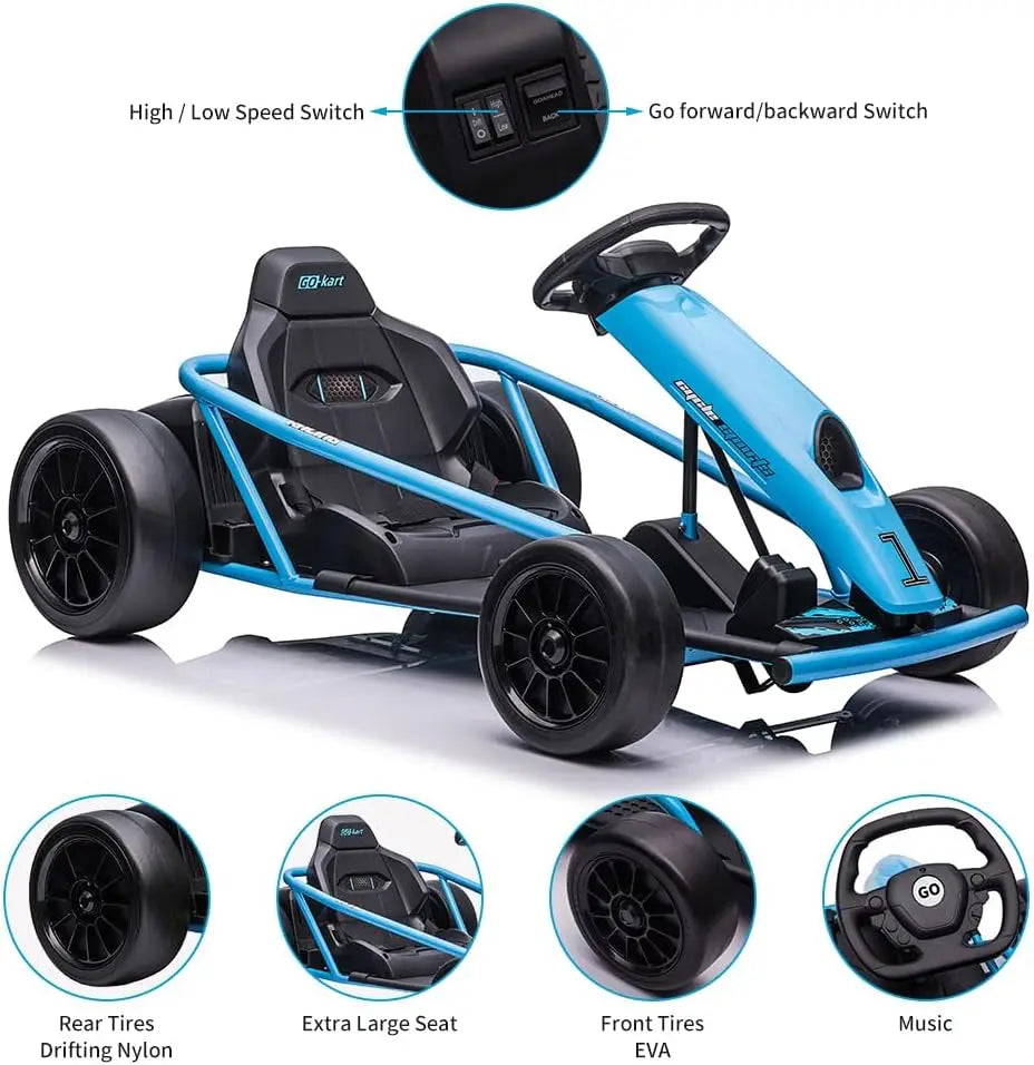 Tacleekii 24V 8.1 MPH Electric Go Kart for Kids Drift Kart Ages 6-12 Dual 300 Motor, 9Ah Battery, High Speed Ride on Toy Slow Start Music Horn Honking, Safety Belt, 155 Lb Max Weight, Outdoor
