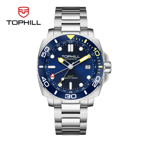 TOPHILL 43mm Mens Diving Watch GMT NH34 Sports Mechanical Wristwatch Self Winding On The Fly Adjustable Clasp 30Bar Waterproof Helium Escape Valve TD012G
