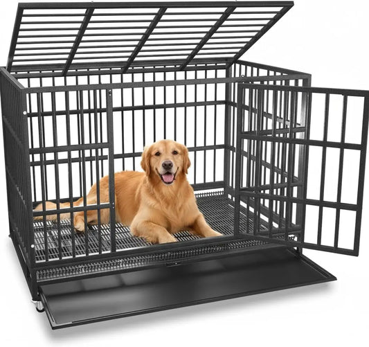 Heavy Duty Dog Crate with Wheels, Indestructible Steel Kennel for High Anxiety Dogs, Double Door and Tray, XL XXL