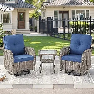 Outdoor Swivel Chairs,3 Pieces Patio Furniture Set with 360 Degree Wicker Swivel Rocking Chairs and Side Table for Garden,Porch