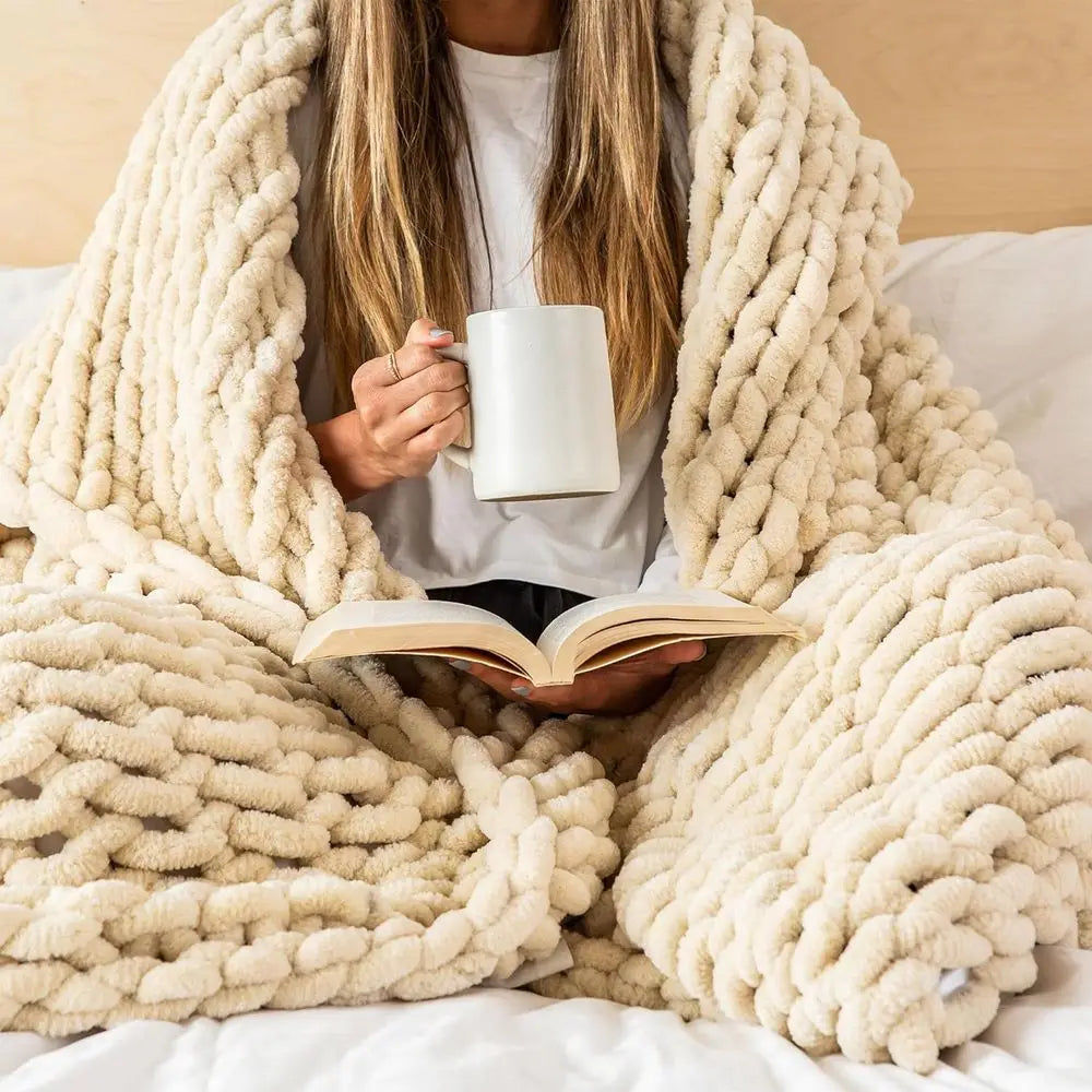 Knit Blanket Throw 50x60, Cream Chenille Chunky Knit Throw Blanket for Living Room Decor or Boho Decor, Thick Yarn Knitted Blank