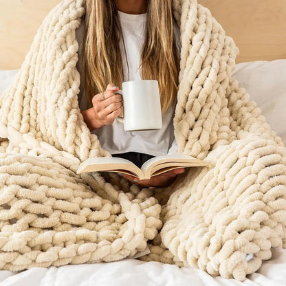 Knit Blanket Throw 50x60, Cream Chenille Chunky Knit Throw Blanket for Living Room Decor or Boho Decor, Thick Yarn Knitted Blank
