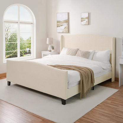 King Size Bed Frame:49.21" High Upholstered Headboard,27.17" Footboard,Teddy Velvet,12 Slats,Wood Feet,No Box Spring Needed(Whit
