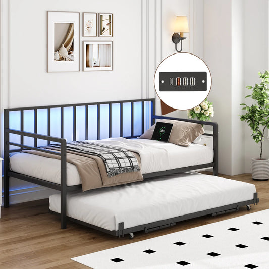 Orraves Twin Daybed with RGB LED Lights & Charging Station, Height Adjustable Day Bed Frame with Trundle, Versatile Metal Sofa Bed Frame for Bedroom, Living Room, Guest Room, Black