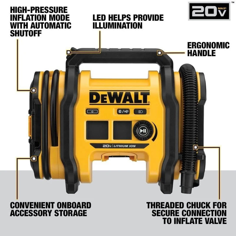 DEWALT DCC020IB 20V MAX Corded/Cordless Tire Inflator 160PSI 3 Power Sources Auto Shutoff Digital Gauge LED Light