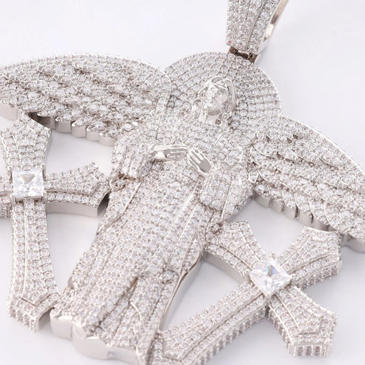 New Hip Hop Jewelry Sacred Heart Jesus Pendant Double Cross Angel Wings Sparkling Necklace Pendant Special Commemorative Gift