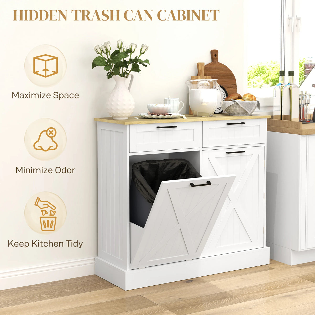 HOMCOM Tilt Out Trash Can Cabinet, 10 Gallon Farmhouse Kitchen Cabinet with Hidden Trash Can and 2 Drawers for Laundry Room, Pantry, Kitchen, White